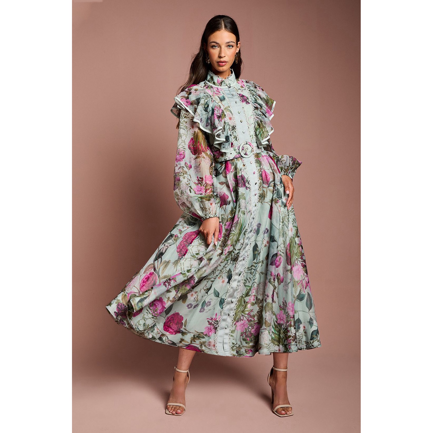 New floral ruffle edge long skirt 2025 autumn retro countryside style waist cinched buckle dress irregular skirt New floral ruffle edge long skirt 2025 autumn retro countryside style waist cinched buckle dress irregular skirt