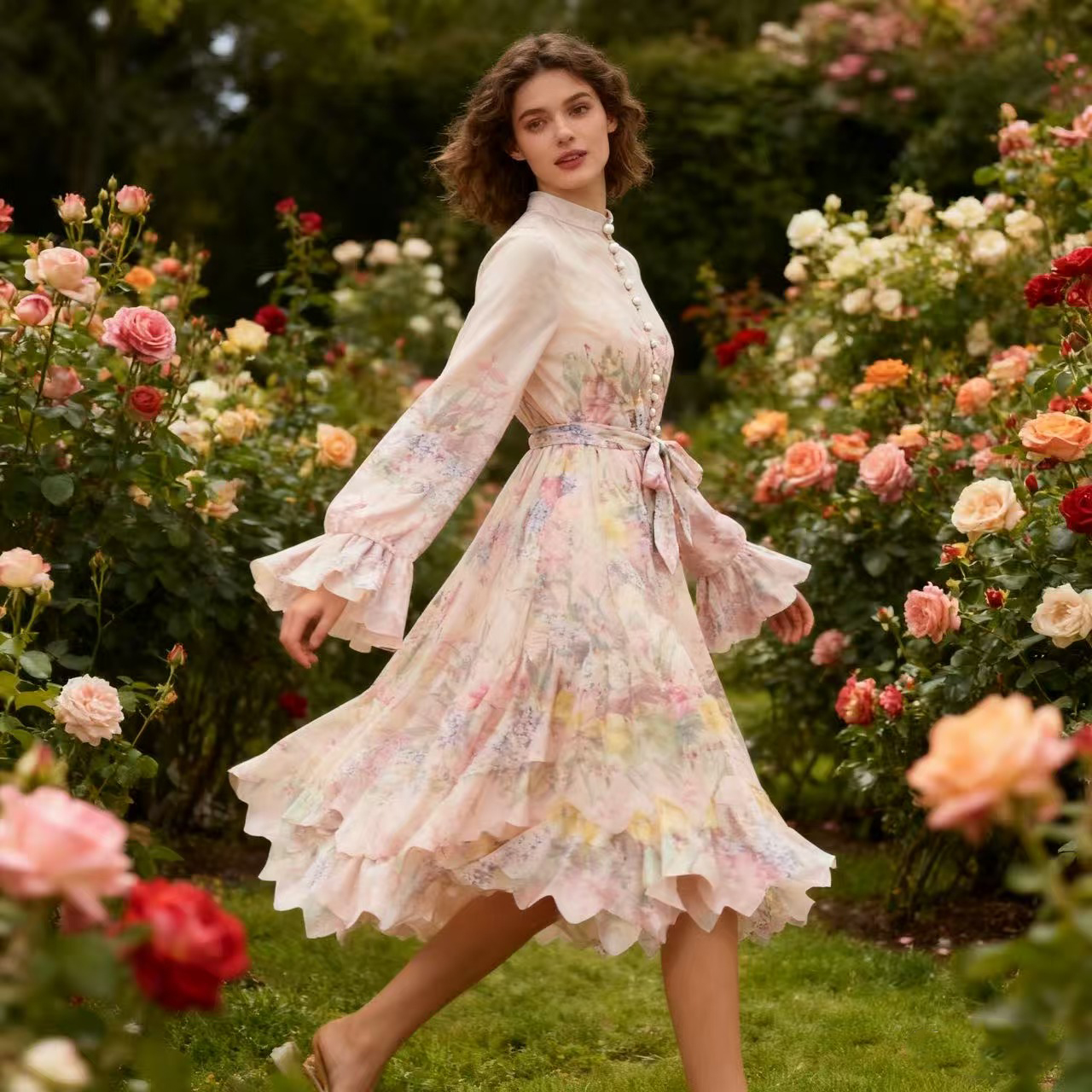 New Australian high-end design style i printed breasted short dress with elegant and super fairy temperament New Australian high-end design style i printed breasted short dress with elegant and super fairy temperament