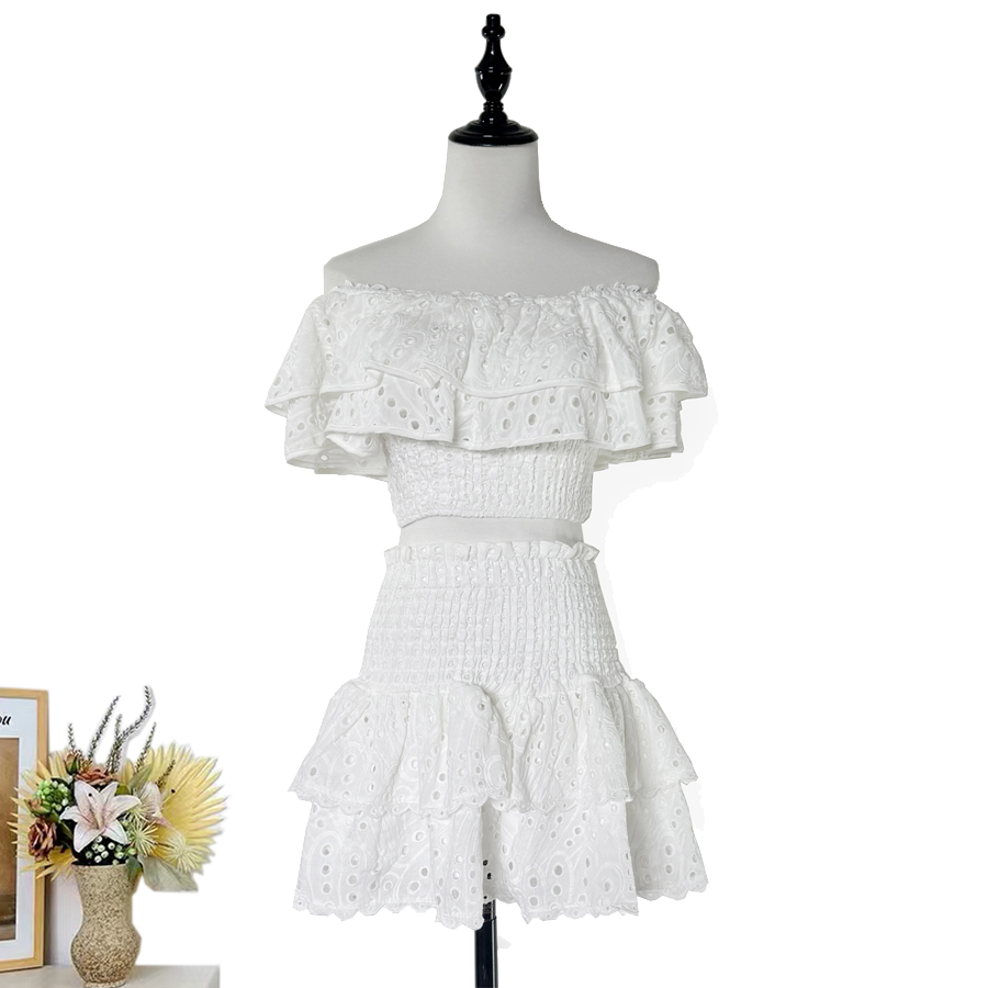 Real shot Heavy Industry Embroidered Hollow One Word Neck Short Top+Elastic Hip Wrapping Cake Skirt Fashion Set Summer Real shot Heavy Industry Embroidered Hollow One Word Neck Short Top+Elastic Hip Wrapping Cake Skirt Fashion Set Summer