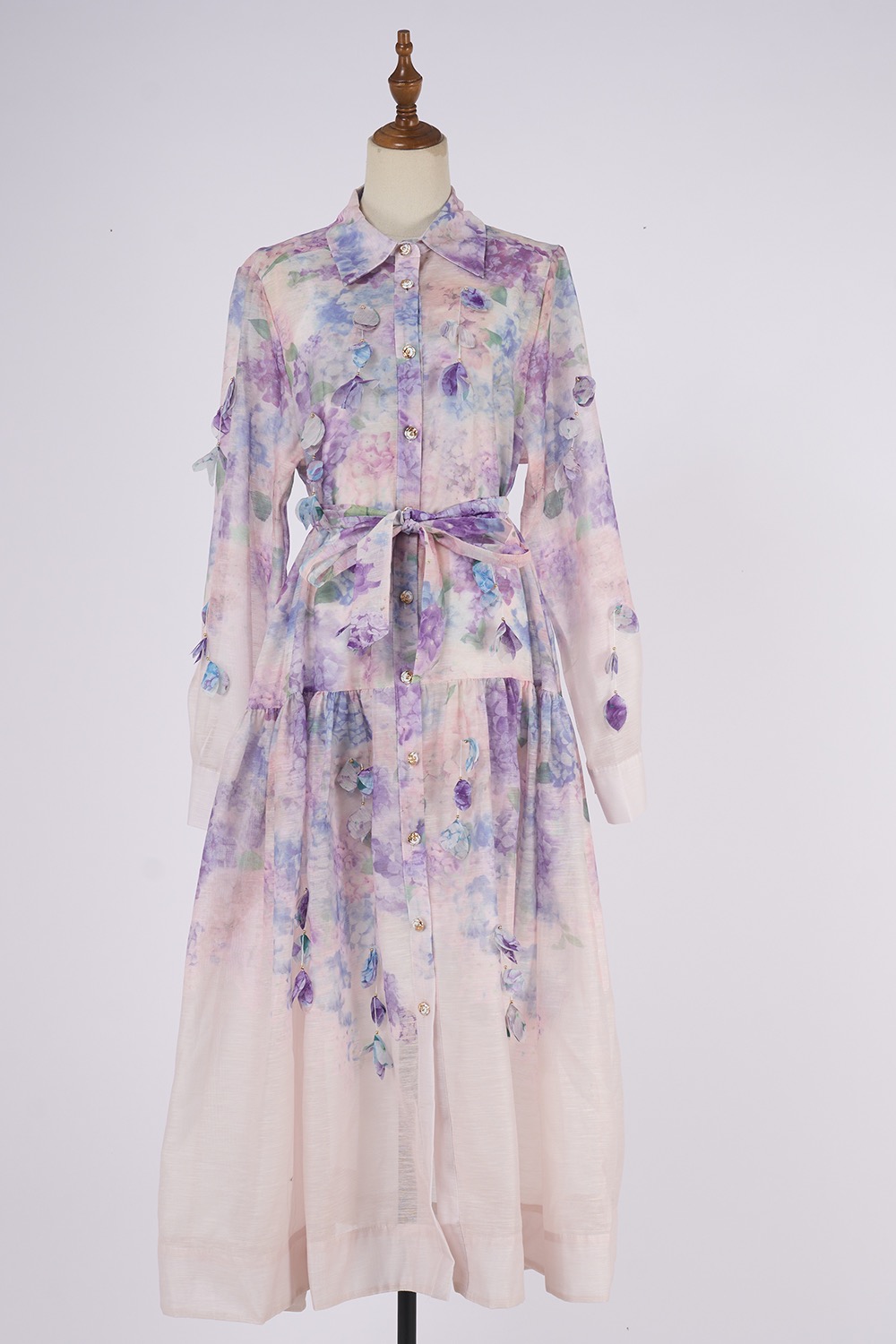 Real shot of 2025 spring/summer European and American women's lapel long sleeved waist belt, single breasted positioning printed dress Real shot of 2025 spring/summer European and American women's lapel long sleeved waist belt, single breasted positioning printed dress