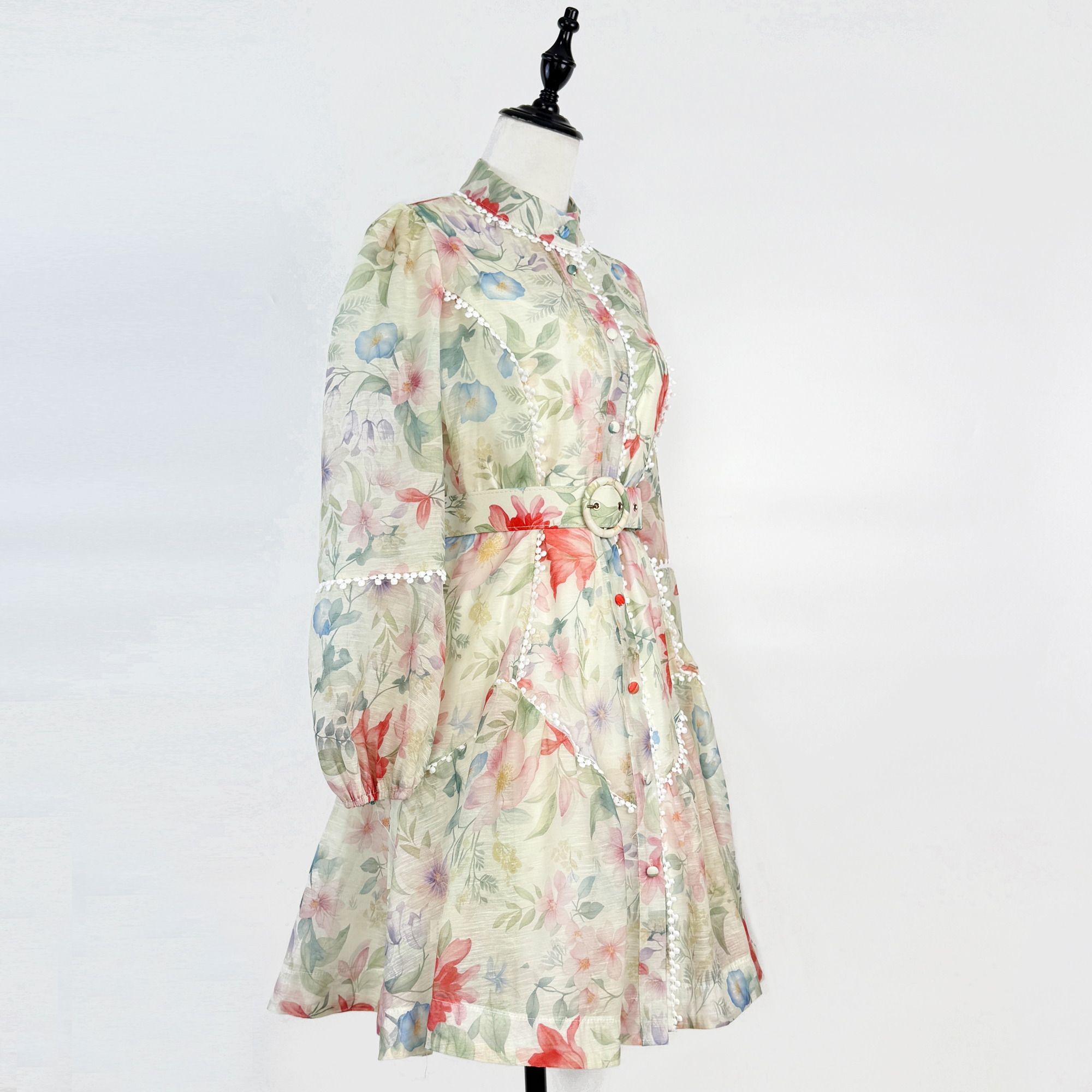 Realistic 4-color artistic atmosphere British autumn party light luxury printed stand up collar lantern long sleeved short dress Realistic 4-color artistic atmosphere British autumn party light luxury printed stand up collar lantern long sleeved short dress