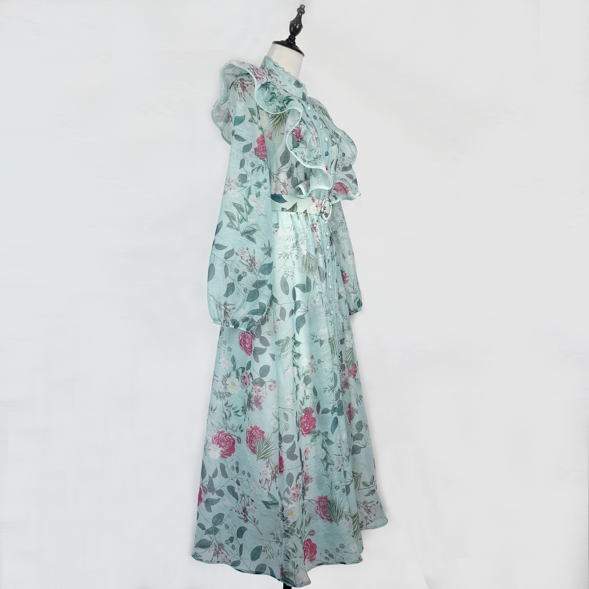 Real shot of European, American, British style lotus leaf edge lace border lantern sleeve print long swing dress+waistband for women Real shot of European, American, British style lotus leaf edge lace border lantern sleeve print long swing dress+waistband for women