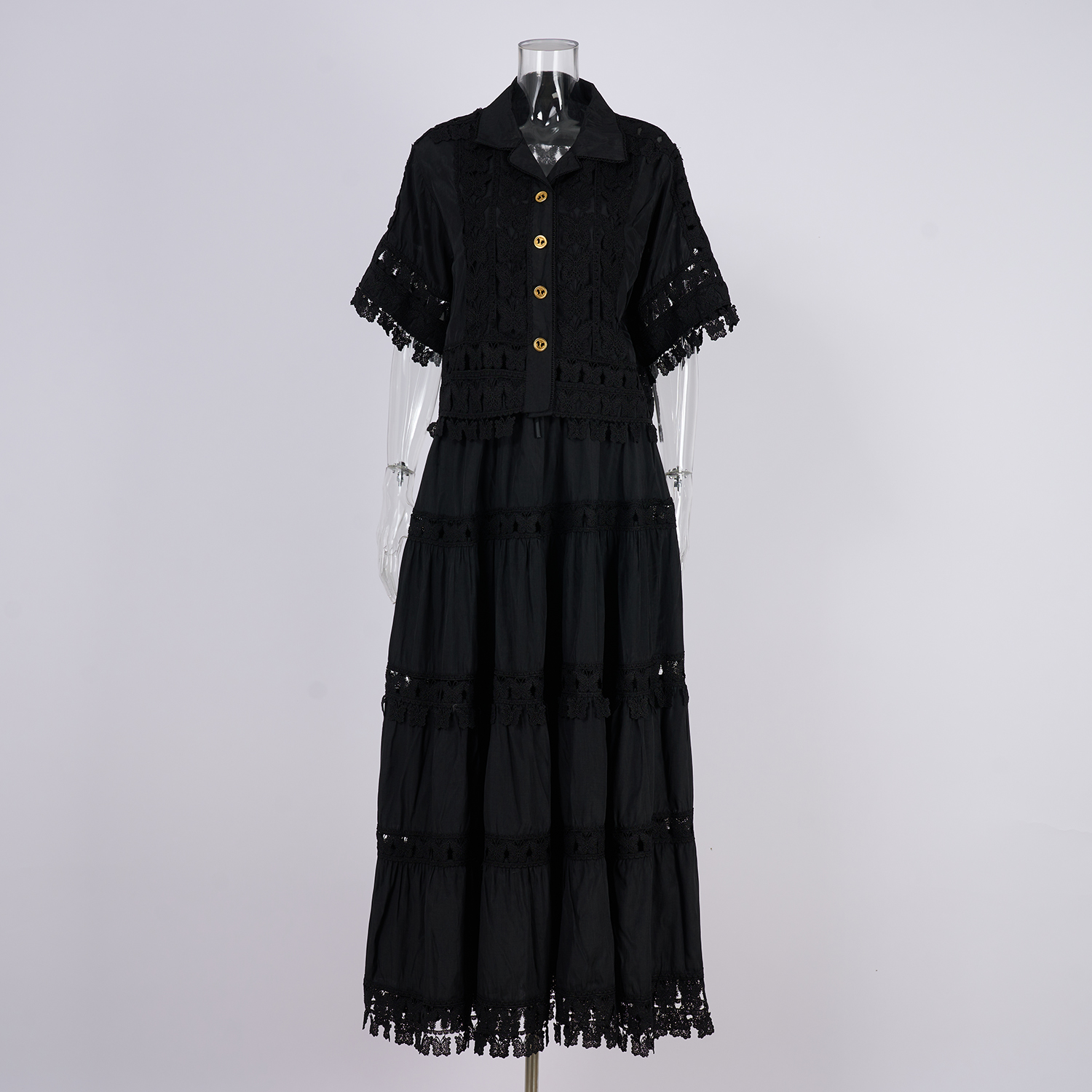 Real shot French retro summer new style 8-color lapel embroidered lace long shirt+skirt set for women Real shot French retro summer new style 8-color lapel embroidered lace long shirt+skirt set for women