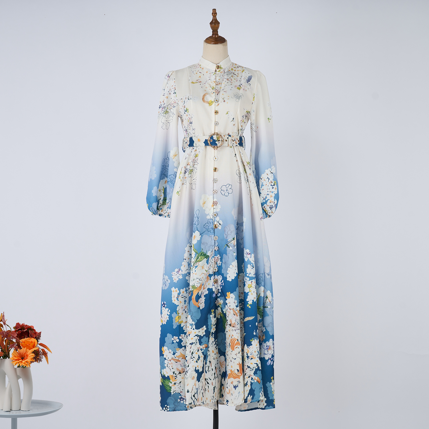 Real shot casual retro print exquisite single breasted stand up collar A-list dress ultra long skirt+belt 14 colors