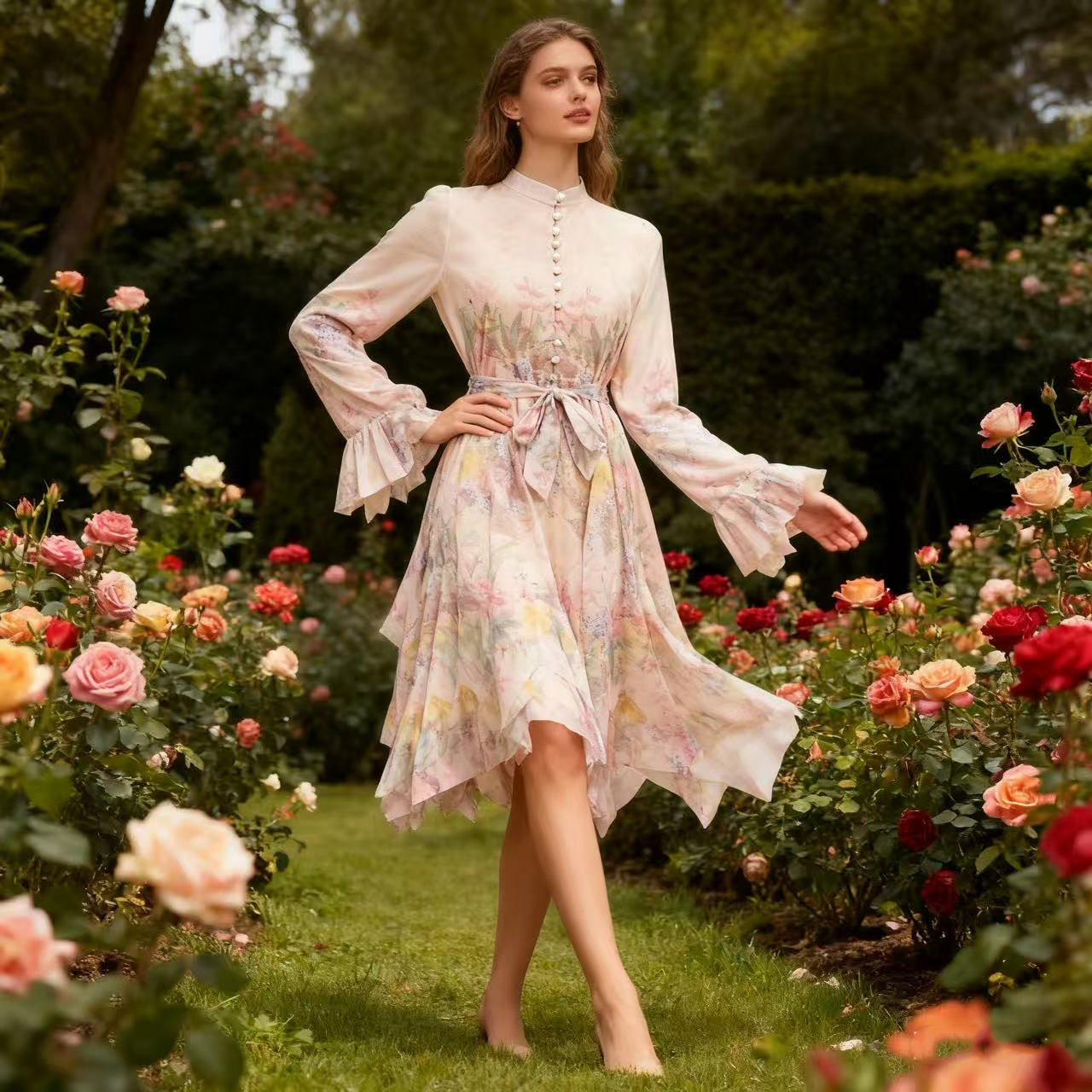 New Australian high-end design style i printed breasted short dress with elegant and super fairy temperament New Australian high-end design style i printed breasted short dress with elegant and super fairy temperament