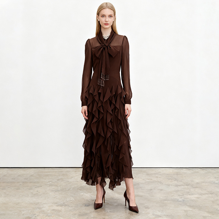 European and American cross-border light luxury dress 2025 new style temperament bow tie tied long sleeved waist cinched black fungus edge long skirt