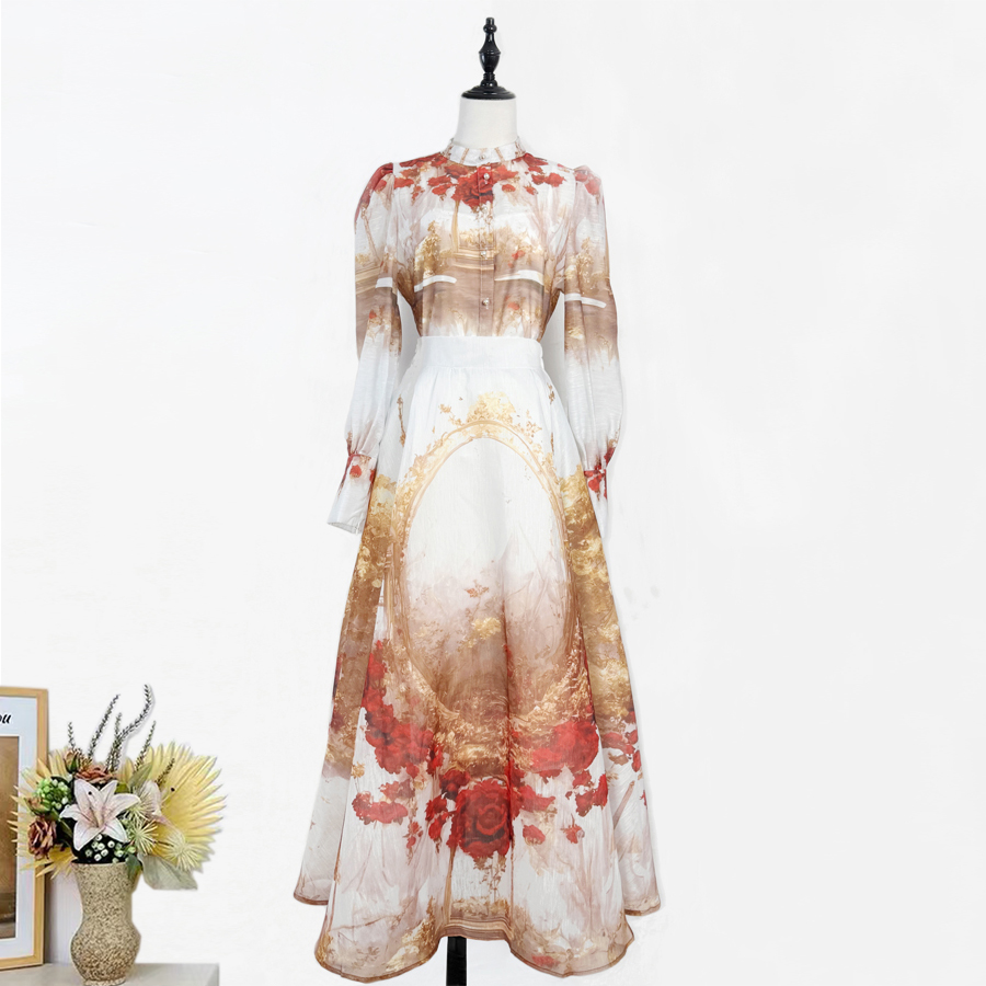 Real shot of European and American retro printed elegant and fashionable single breasted shirt, high waist super large swing skirt set, skirt length Real shot of European and American retro printed elegant and fashionable single breasted shirt, high waist super large swing skirt set, skirt length