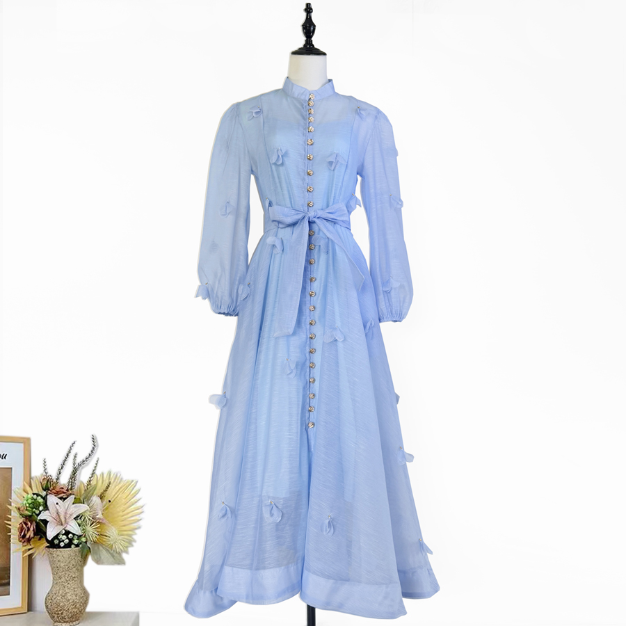 Real shot French elegant standing collar flower buckle heavy flower decoration waist cinching tie up big swing dress long skirt for women Real shot French elegant standing collar flower buckle heavy flower decoration waist cinching tie up big swing dress long skirt for women