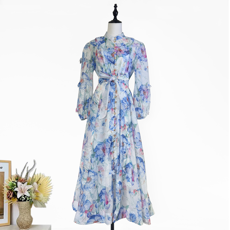 Real shot of Australian new printed three-dimensional flower single breasted lantern sleeve large swing dress long party dress Real shot of Australian new printed three-dimensional flower single breasted lantern sleeve large swing dress long party dress