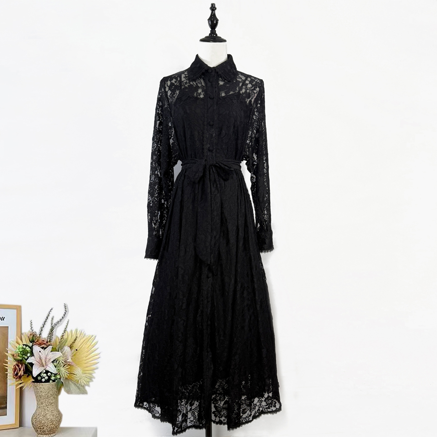 Real shot of 2-color elegant ladylike lantern sleeves with a high-end feel, solid color lace dress with single breasted buckle and waist cinching tie