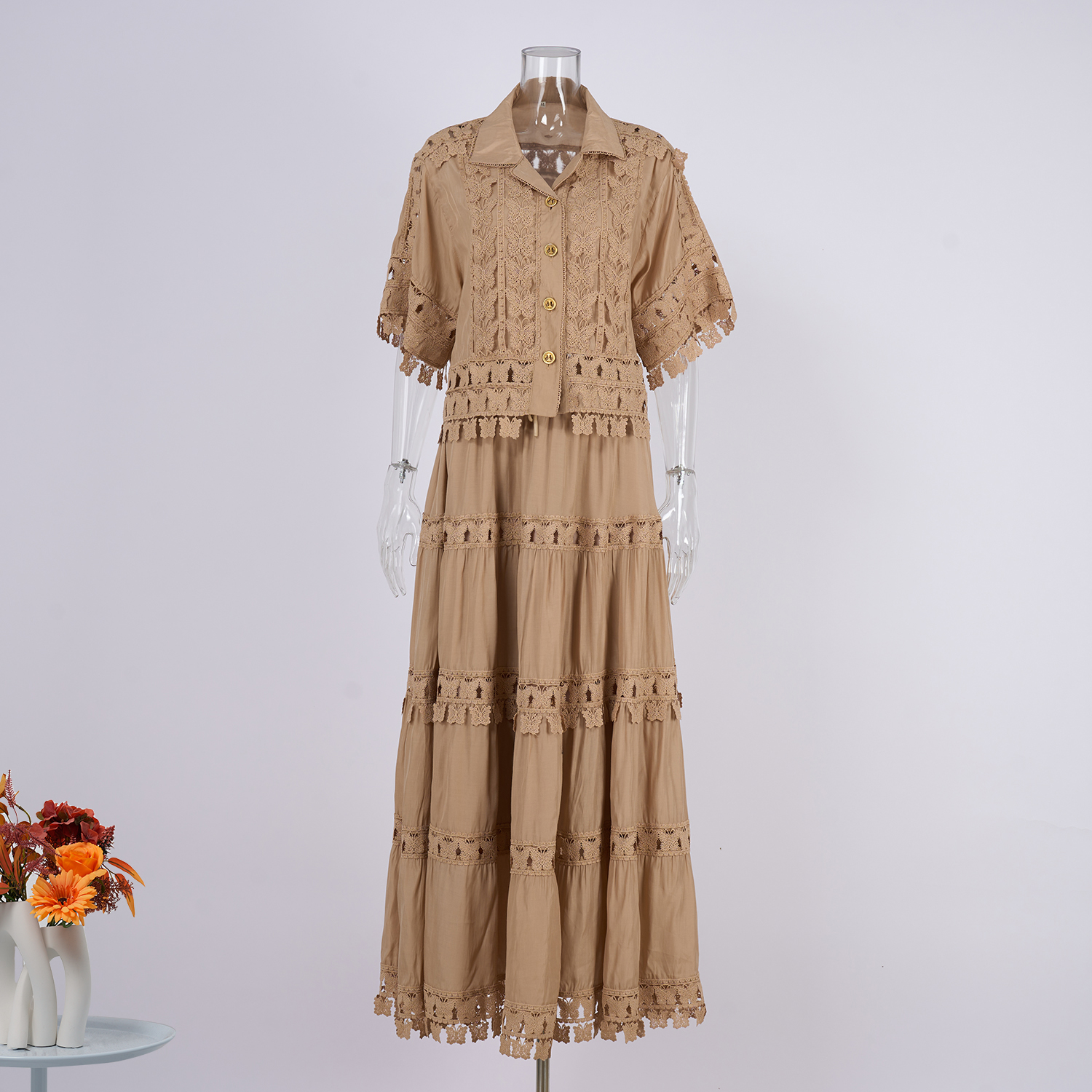 Real shot French retro summer new style lapel embroidered lace long shirt+skirt set for women