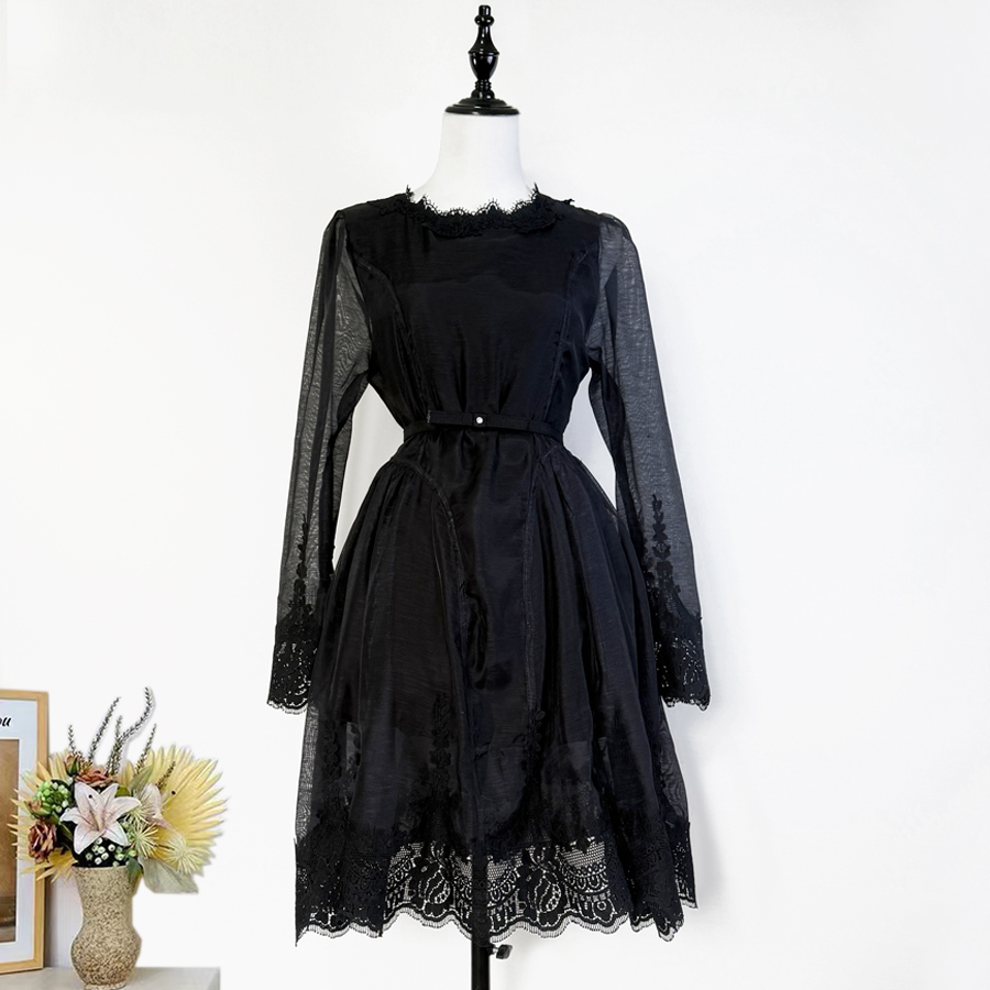 Real shooting of the 2025 new fashion style elegant retro high-end socialite black mesh lace dress