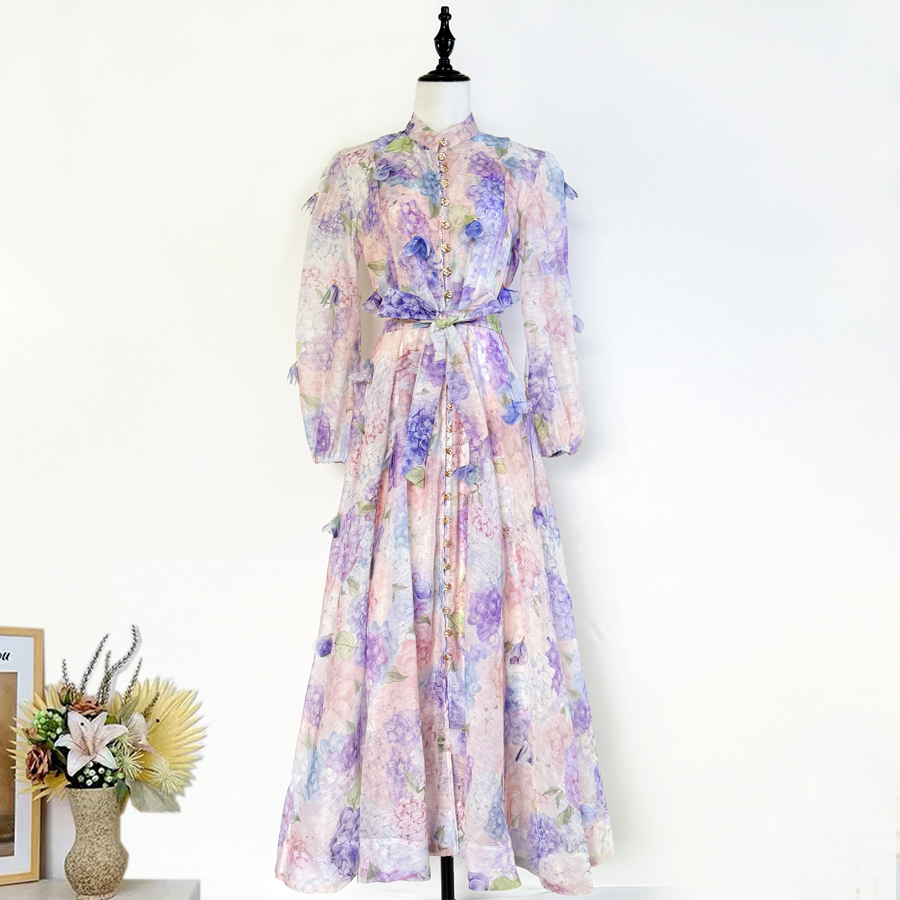 Real shot French elegant standing collar flower buckle heavy flower decoration waist cinching tie up big swing dress long skirt for women Real shot French elegant standing collar flower buckle heavy flower decoration waist cinching tie up big swing dress long skirt for women