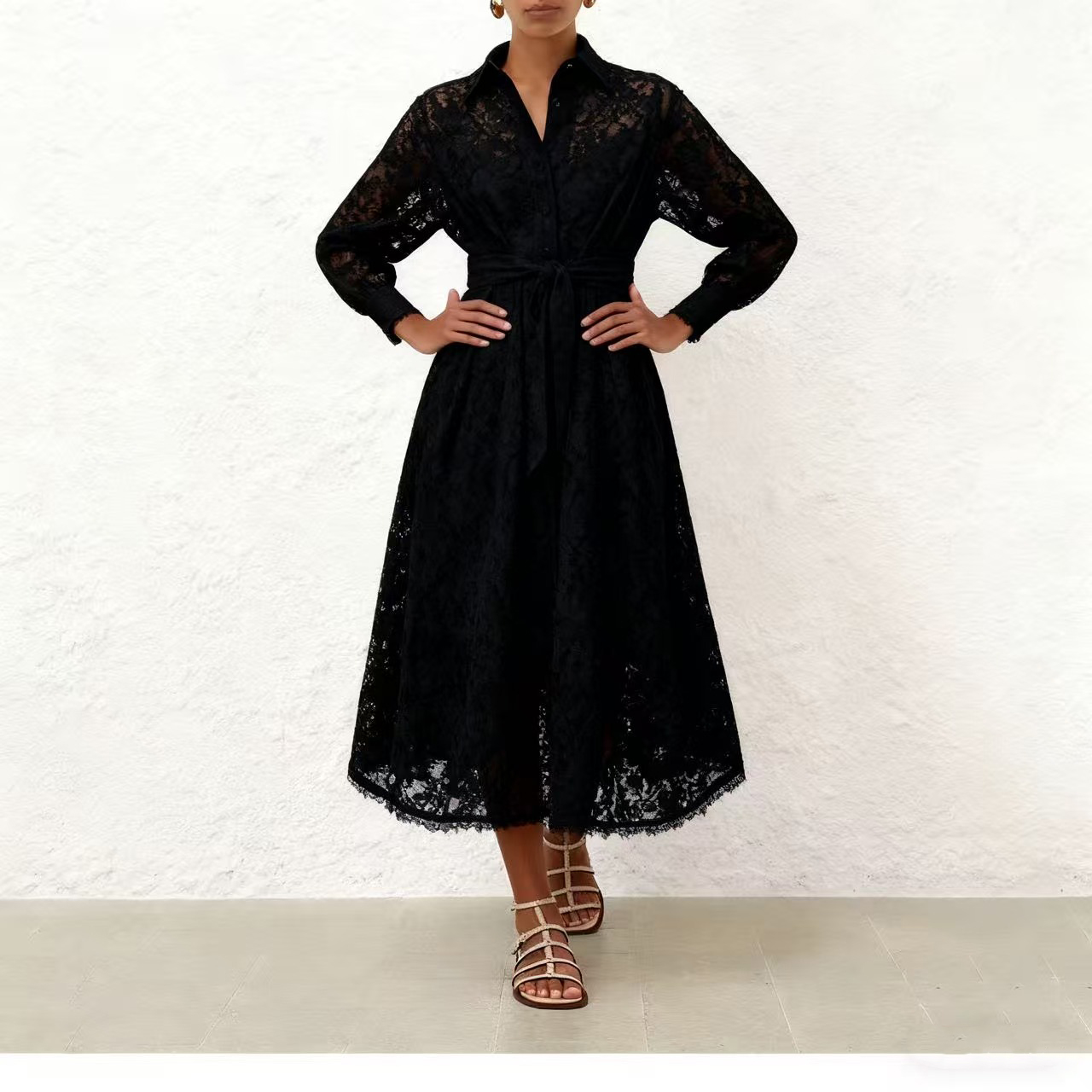 New Spring Heavy Crafted Lace Fabric Splicing Lace Ruffle Details Long Sleeve Long Dress New Spring Heavy Crafted Lace Fabric Splicing Lace Ruffle Details Long Sleeve Long Dress