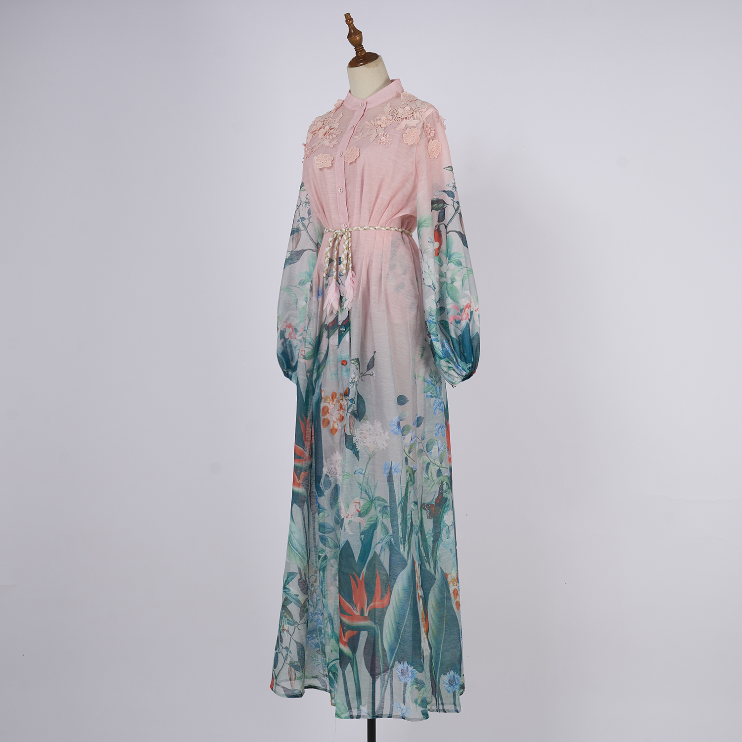 Realistic shooting of vacation style women's seaside exquisite printed single breasted bubble sleeves, large swing lace up dress Realistic shooting of vacation style women's seaside exquisite printed single breasted bubble sleeves, large swing lace up dress