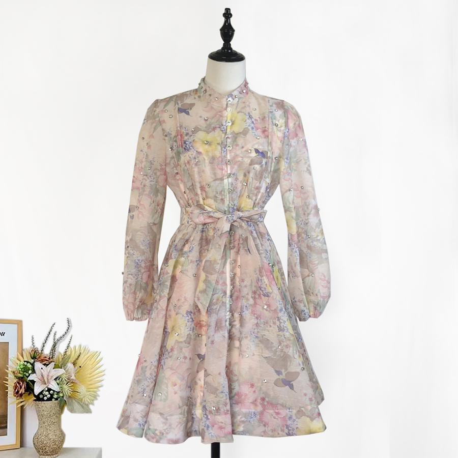 Real shot of 18 color Australian elegant stand up collar single breasted waist slimming short skirt dress with printed suspender Real shot of 18 color Australian elegant stand up collar single breasted waist slimming short skirt dress with printed suspender