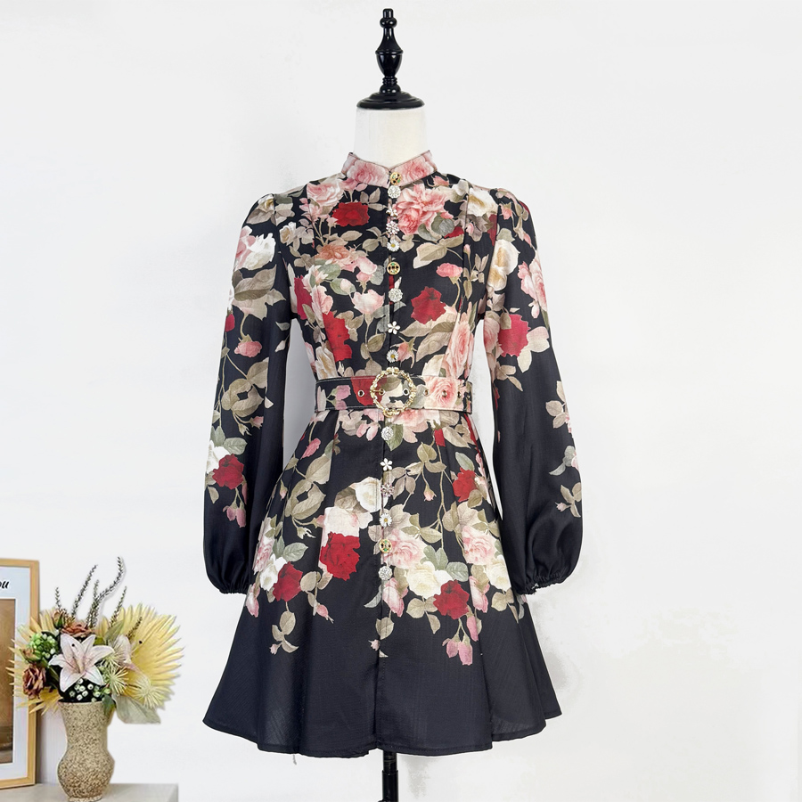 Real time shooting of Spring and Autumn new style women's standing collar lantern long sleeved waist cinching large swing printed jumpsuit short skirt+belt Real time shooting of Spring and Autumn new style women's standing collar lantern long sleeved waist cinching large swing printed jumpsuit short skirt+belt