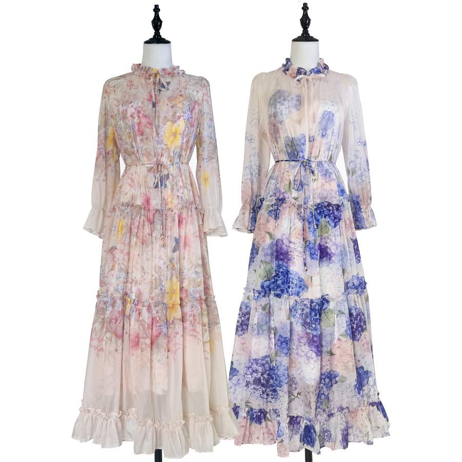 Summer ruffled edge stand up collar retro printed silk crepe elegant dress two-piece set for women