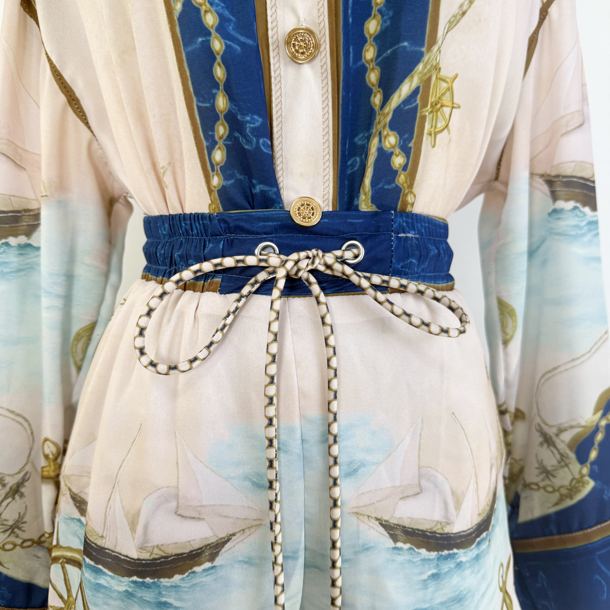 Real shot Australian niche blue nautical print long sleeved shirt shorts fashionable casual set two-piece set Real shot Australian niche blue nautical print long sleeved shirt shorts fashionable casual set two-piece set