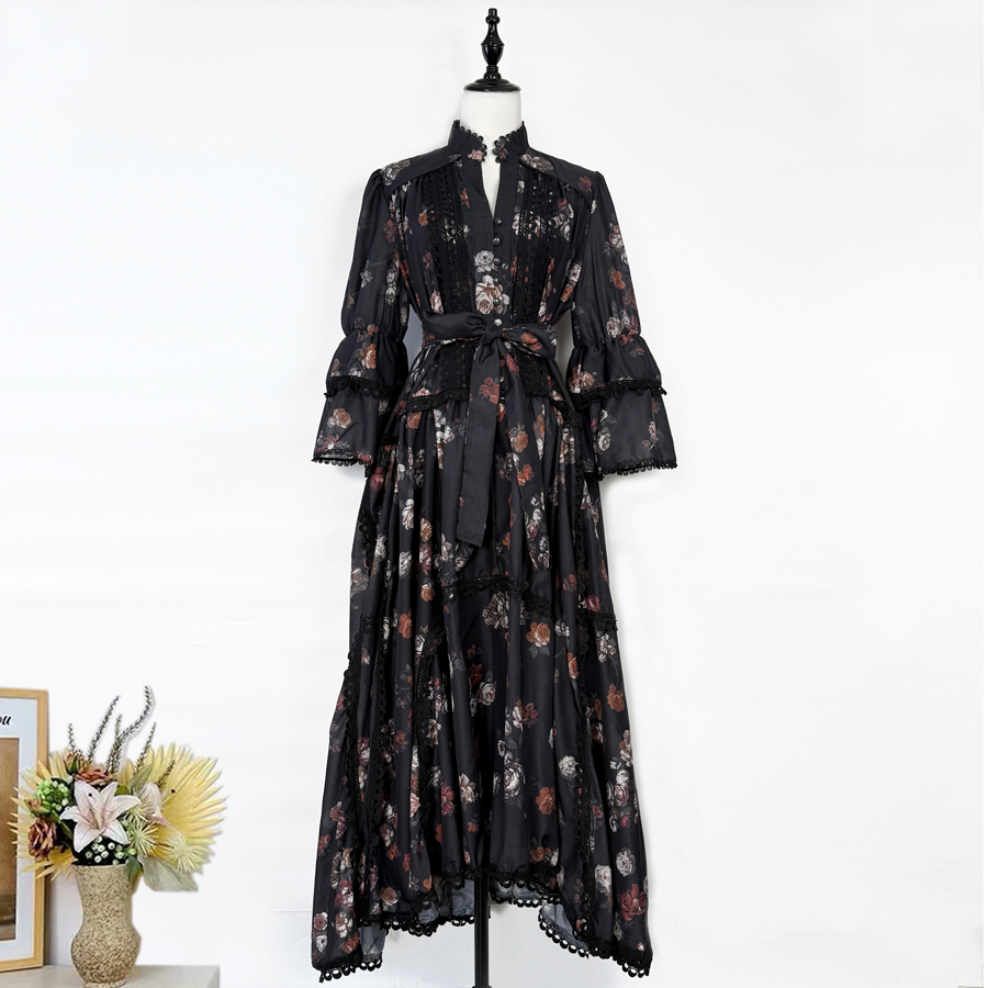 Real shooting of light luxury high-end 2025 autumn and winter new V-neck printed lace irregular large swing long waist dress Real shooting of light luxury high-end 2025 autumn and winter new V-neck printed lace irregular large swing long waist dress