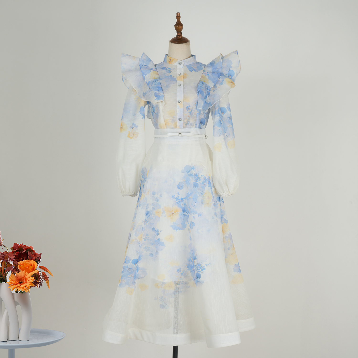 Real time shooting of European spring and summer new heavy craft lotus leaf edge lantern sleeve shirt+large skirt set in 9 colors Real time shooting of European spring and summer new heavy craft lotus leaf edge lantern sleeve shirt+large skirt set in 9 colors