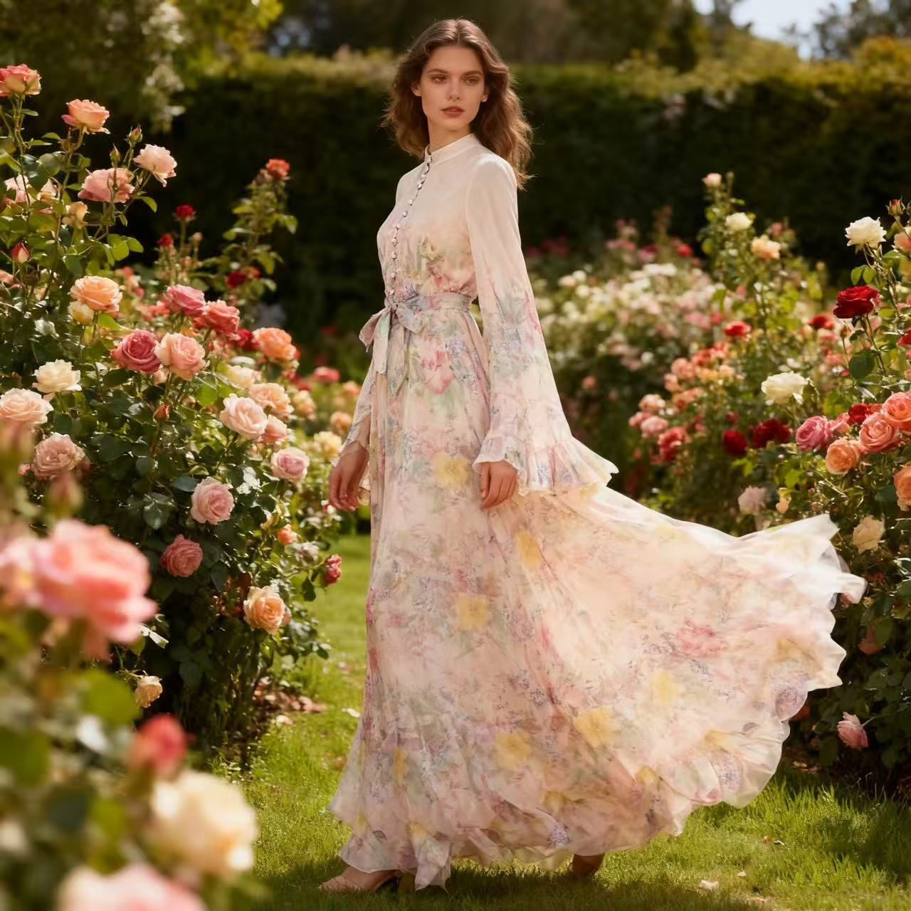 New Australian high-end design with ins print buckle long dress, elegant and super fairy temperament, big swing skirt New Australian high-end design with ins print buckle long dress, elegant and super fairy temperament, big swing skirt