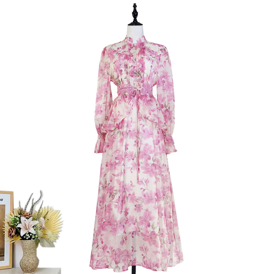 Real time shooting of autumn new product, French design, printed lace up, nail bead, lotus leaf edge waist seal, waist cinching, slim fit dress Real time shooting of autumn new product, French design, printed lace up, nail bead, lotus leaf edge waist seal, waist cinching, slim fit dress