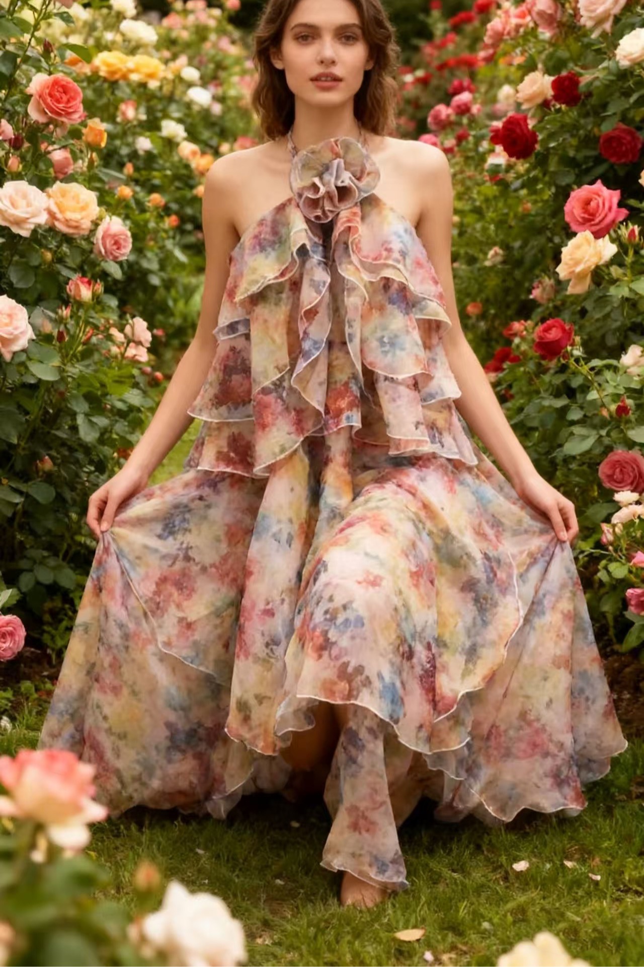 New printed neck hanging dress for women's summer beach vacation cake long dress New printed neck hanging dress for women's summer beach vacation cake long dress