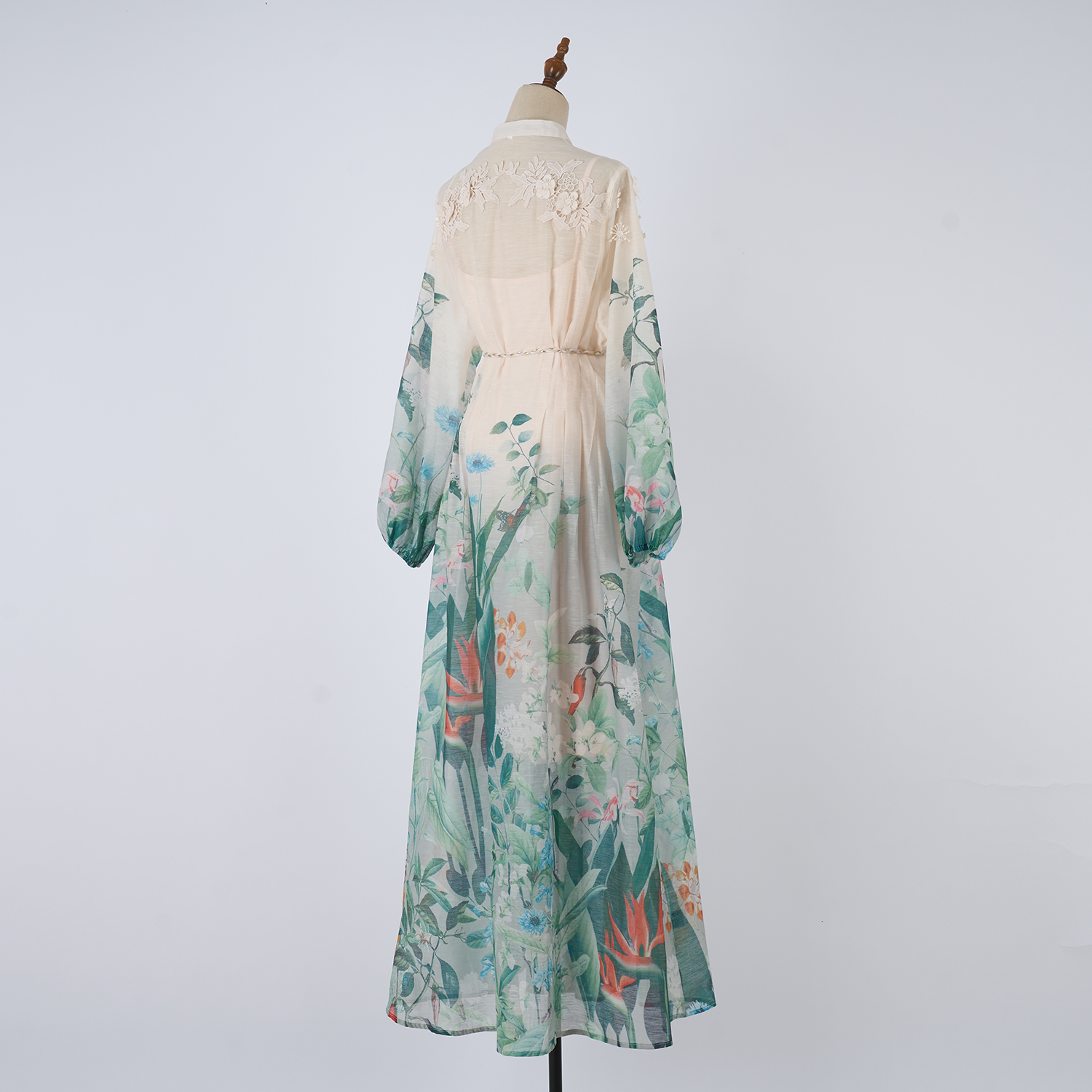 Realistic shooting of vacation style women's seaside exquisite printed single breasted bubble sleeves, large swing lace up dress Realistic shooting of vacation style women's seaside exquisite printed single breasted bubble sleeves, large swing lace up dress