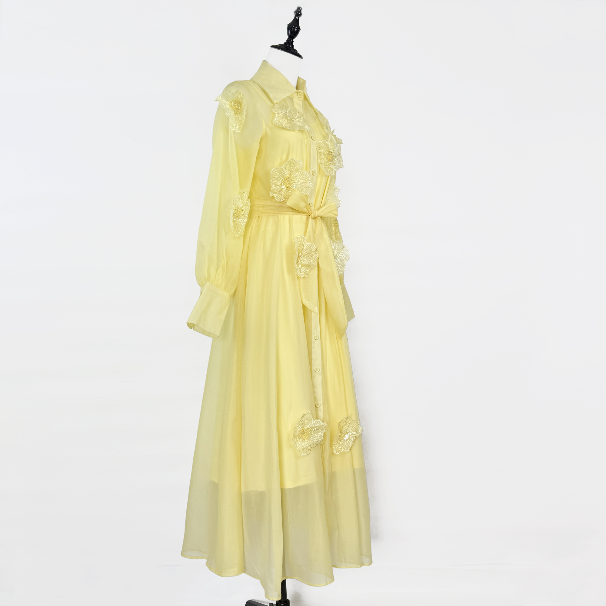 Real shot 5-color French high-end heavy industry nail bead three-dimensional flower long sleeved dress with straps, single breasted long skirt Real shot 5-color French high-end heavy industry nail bead three-dimensional flower long sleeved dress with straps, single breasted long skirt