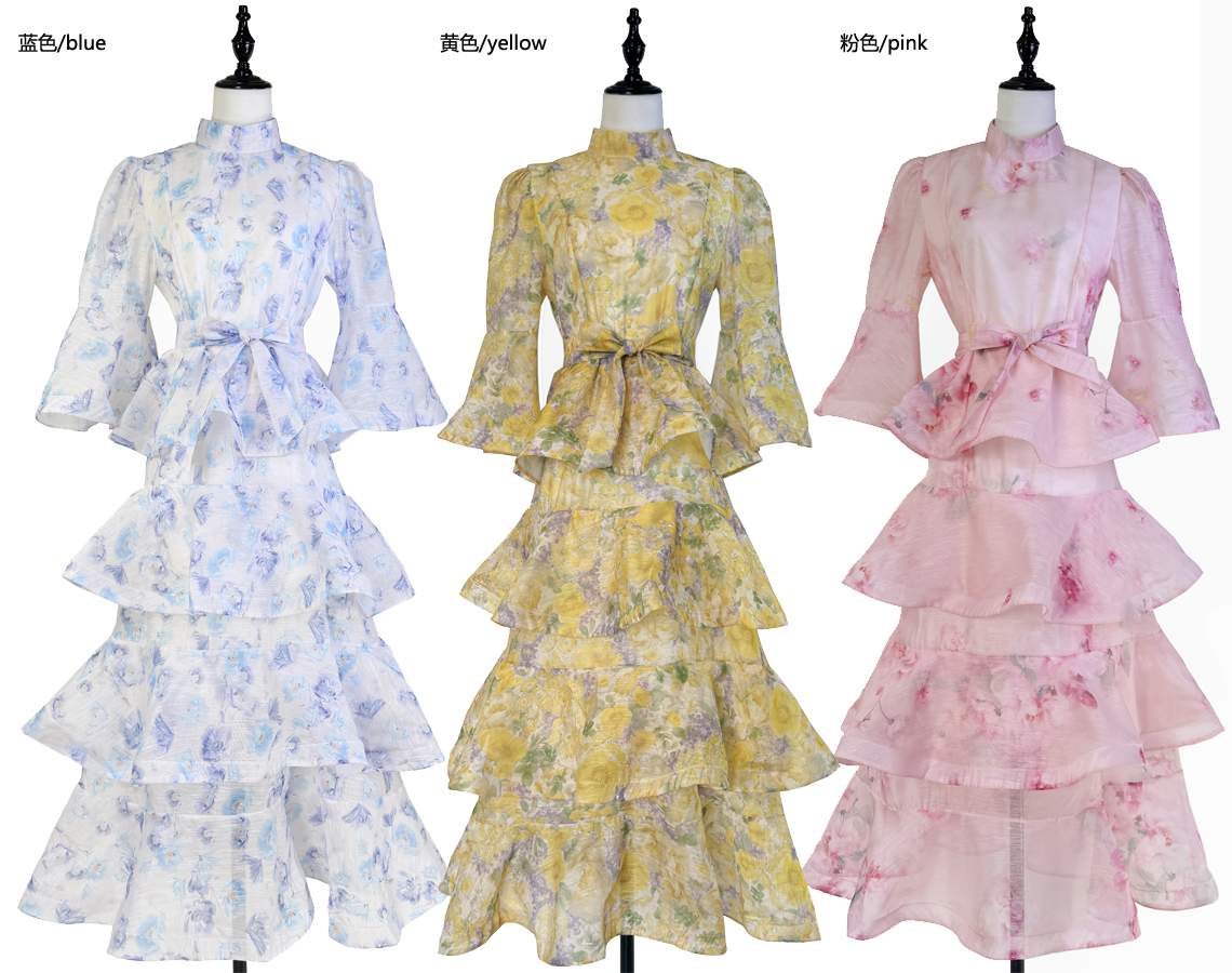 Real shot Australian retro printed ruffle edge dress cake TAMA long skirt trumpet sleeve fairy dress Real shot Australian retro printed ruffle edge dress cake TAMA long skirt trumpet sleeve fairy dress