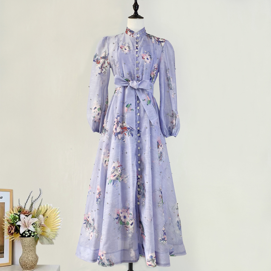 Realistic design with exquisite French style waist cinching and large swing dress, high-end luxury diamond cut small stand collar printed long skirt for women Realistic design with exquisite French style waist cinching and large swing dress, high-end luxury diamond cut small stand collar printed long skirt for women