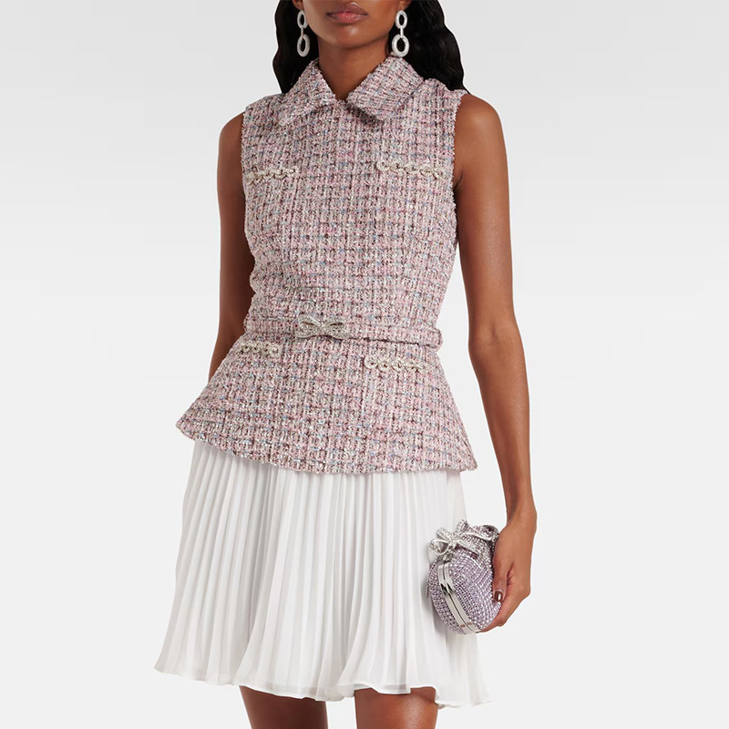 Temperament socialite small fragrant style dress 2025 new fashion lapel coarse floral fake two-piece design sense pleated skirt