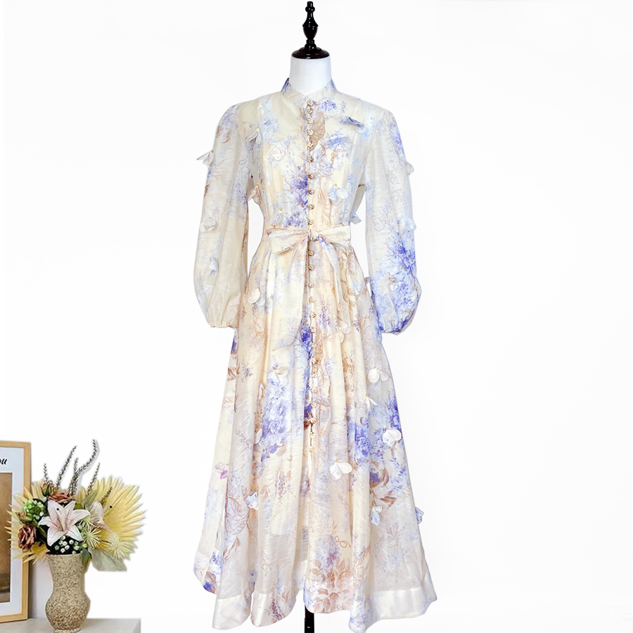 Real shot of Australian new printed three-dimensional flower single breasted lantern sleeve large swing dress long party dress Real shot of Australian new printed three-dimensional flower single breasted lantern sleeve large swing dress long party dress