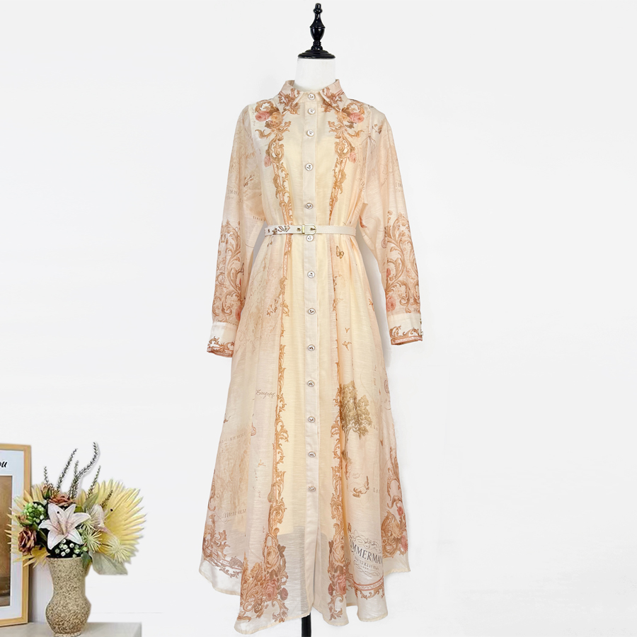 Real time shooting of Australian early autumn quality new retro map print collar long sleeved waist cinched shirt jumpsuit long skirt waistband