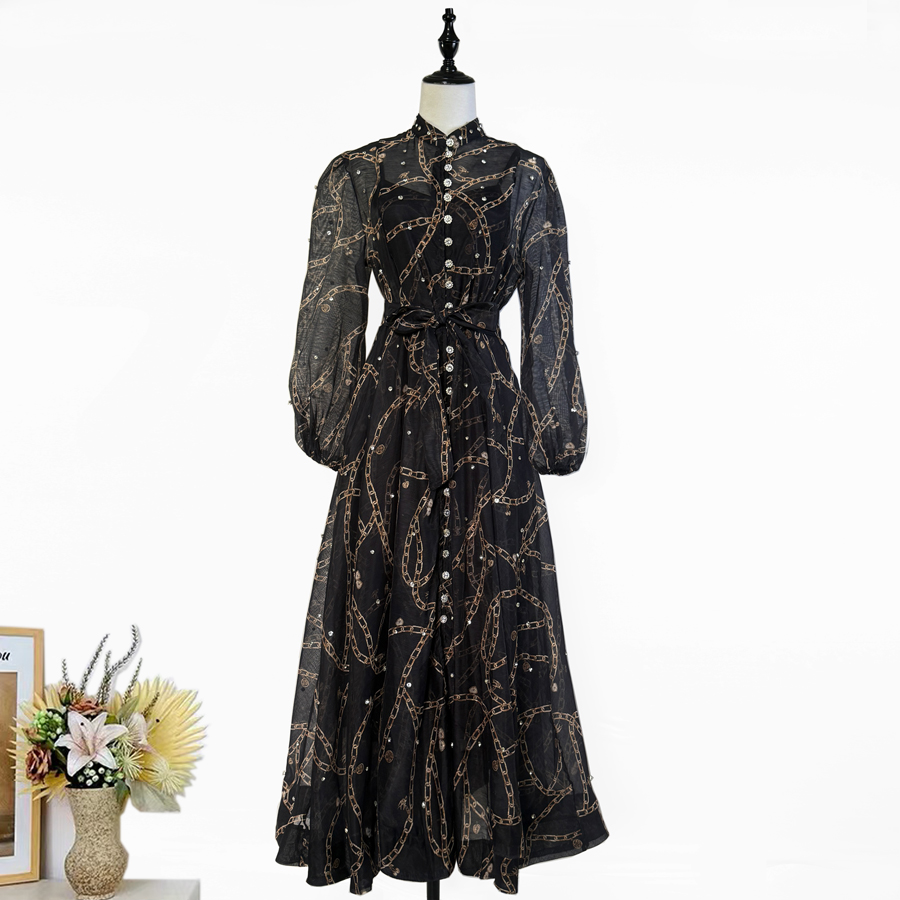 Realistic design with exquisite French style waist cinching and large swing dress, high-end luxury diamond cut small stand collar printed long skirt for women Realistic design with exquisite French style waist cinching and large swing dress, high-end luxury diamond cut small stand collar printed long skirt for women