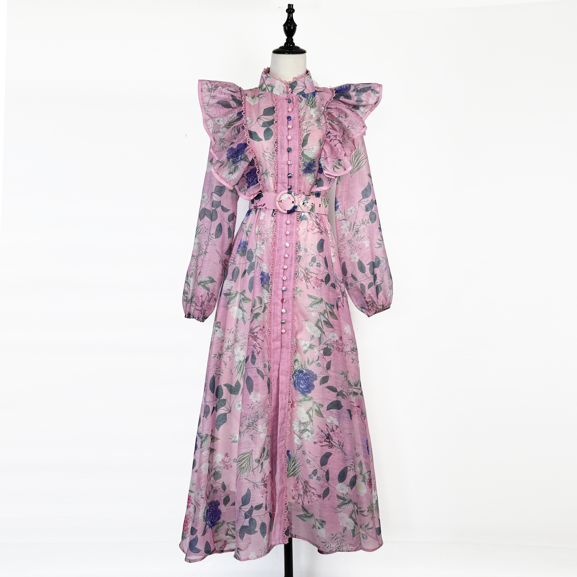 Real shot of European, American, British style lotus leaf edge lace border lantern sleeve print long swing dress+waistband for women Real shot of European, American, British style lotus leaf edge lace border lantern sleeve print long swing dress+waistband for women