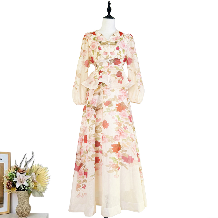 Real shot French nail bead retro printed long sleeved ruffled V-neck shirt with high waist and large swing long skirt two-piece set