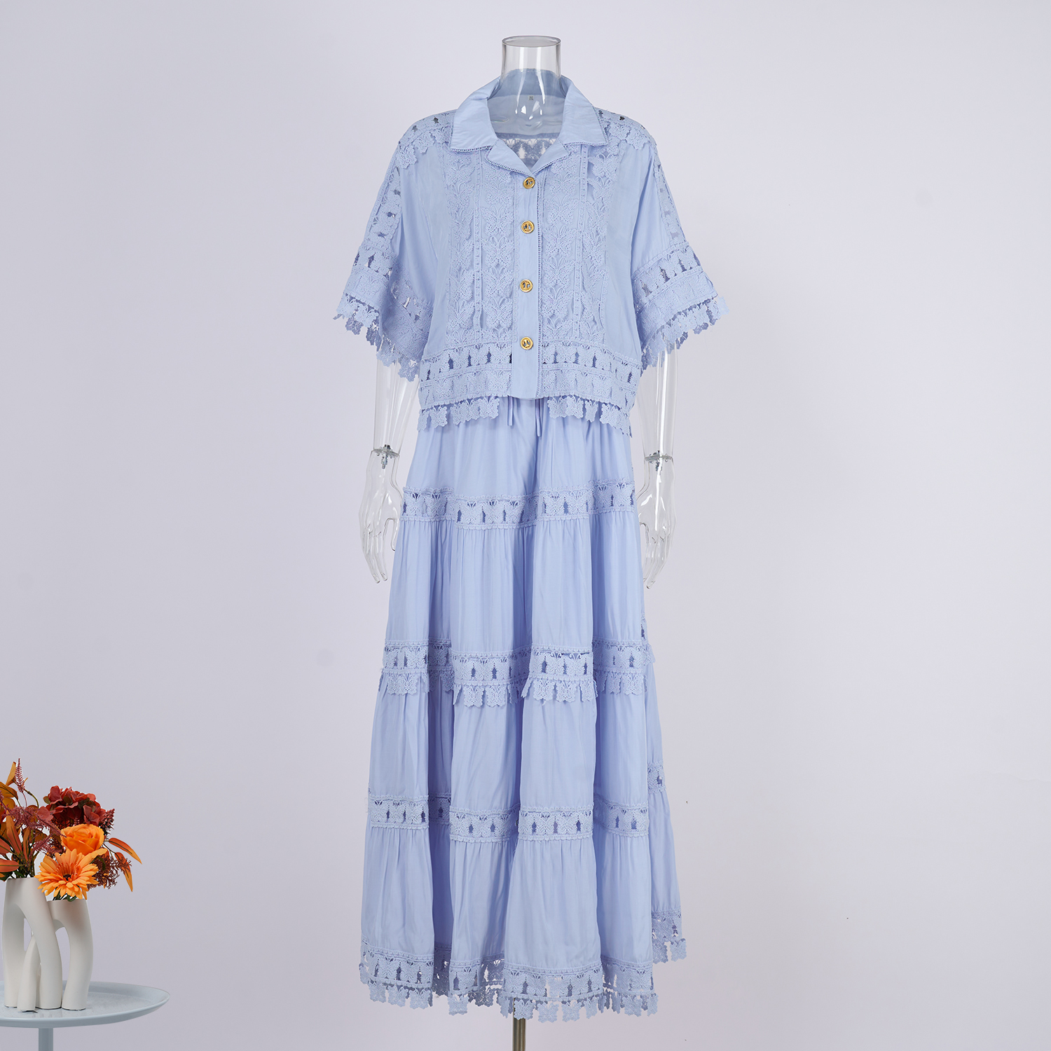 Real shot French retro summer new style lapel embroidered lace long shirt+skirt set for women