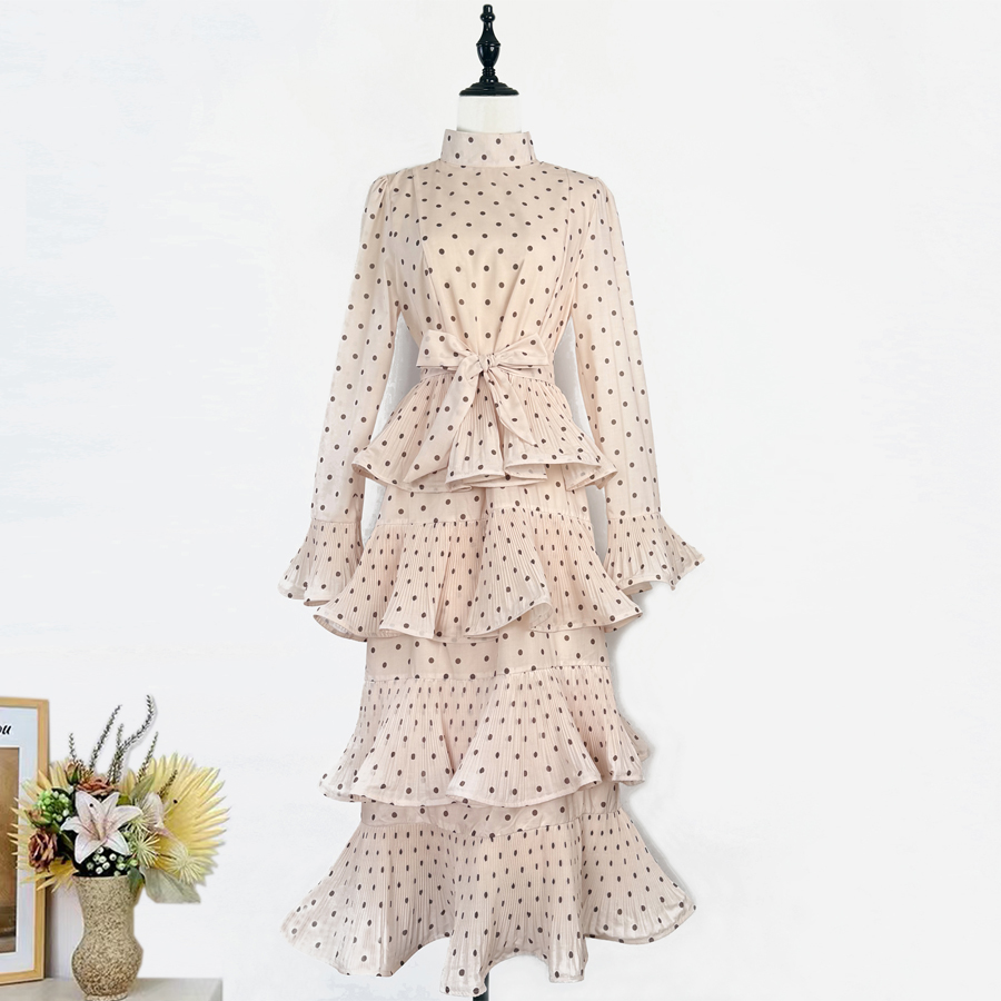 Real shot of an elegant retro polka dot trumpet long sleeved stand up collar lace up pleated ruffle edge dress in Australia, medium length Real shot of an elegant retro polka dot trumpet long sleeved stand up collar lace up pleated ruffle edge dress in Australia, medium length