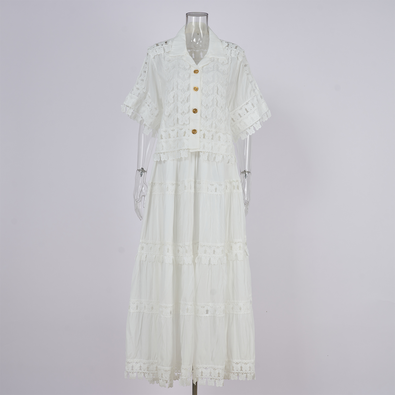 Real shot French retro summer new style 8-color lapel embroidered lace long shirt+skirt set for women Real shot French retro summer new style 8-color lapel embroidered lace long shirt+skirt set for women