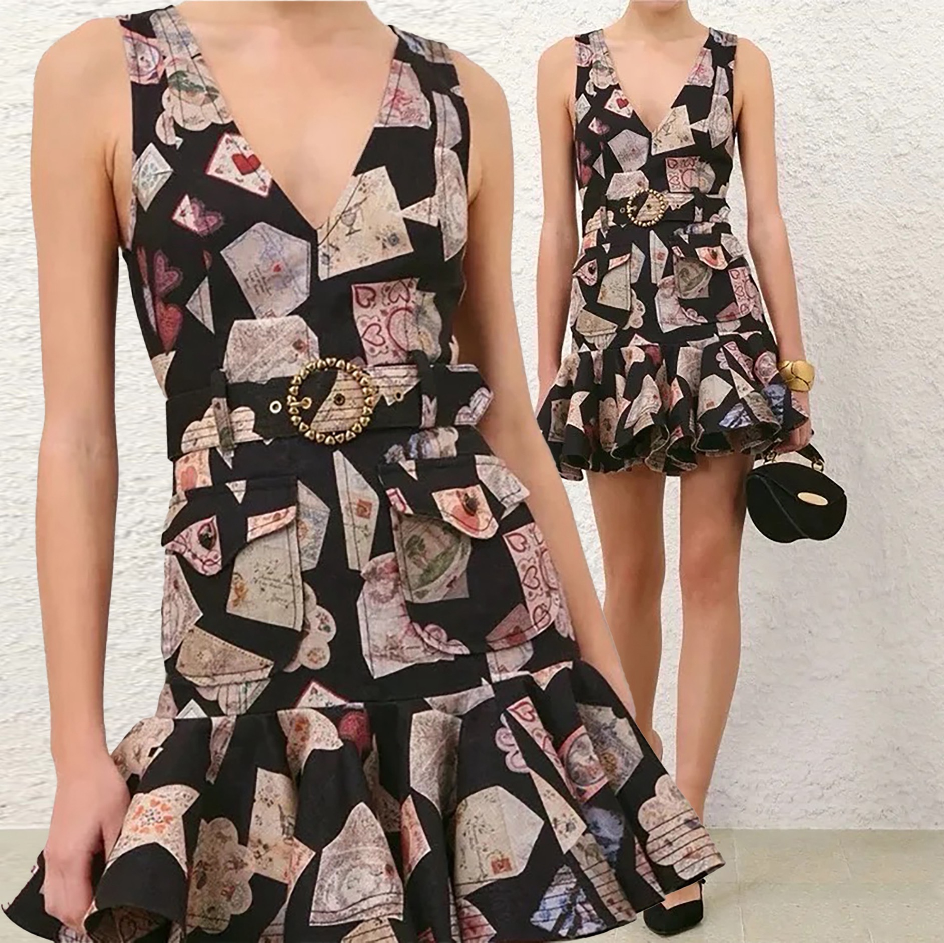 New black printed linen short dress