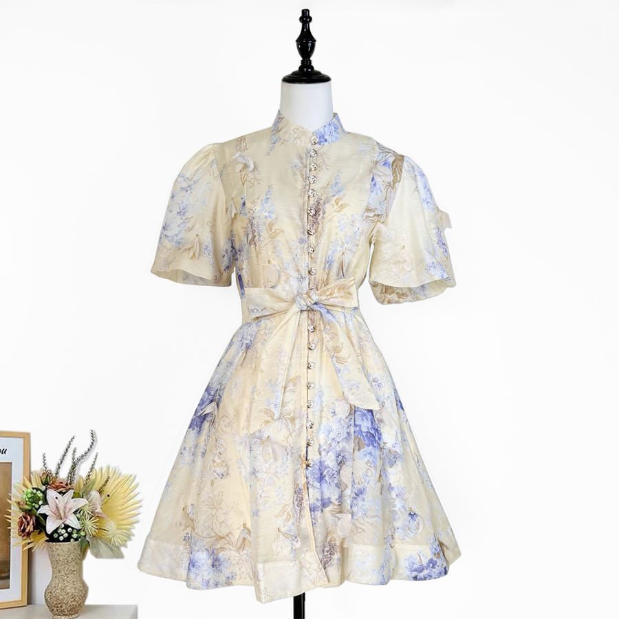 Real shot Australian summer new retro printed heavy flower pendant waist cinching lace up dress short skirt Real shot Australian summer new retro printed heavy flower pendant waist cinching lace up dress short skirt