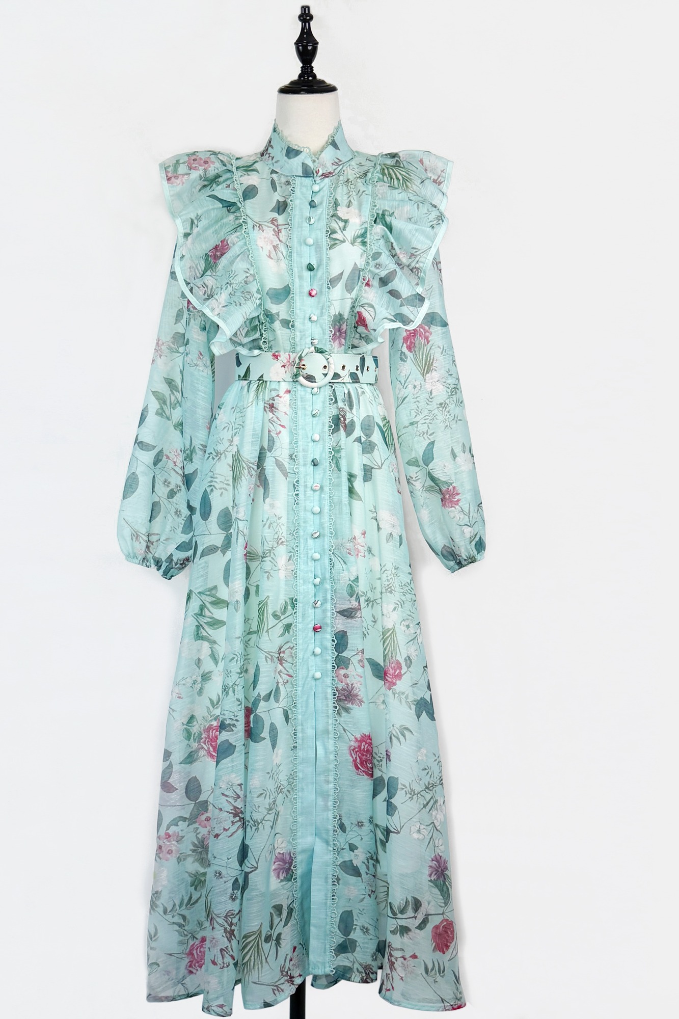 Real shot of European, American, British style lotus leaf edge lace border lantern sleeve print long swing dress+waistband for women Real shot of European, American, British style lotus leaf edge lace border lantern sleeve print long swing dress+waistband for women