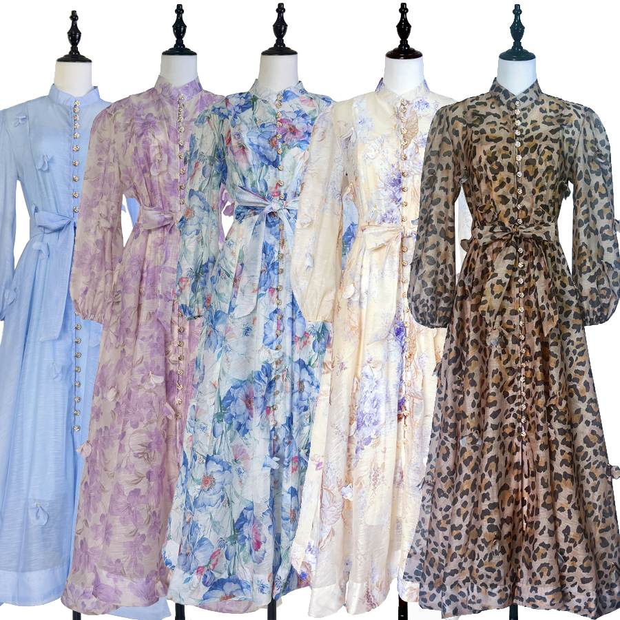 Real time shooting of European and American autumn runway styles, heavy-duty three-dimensional flower lantern sleeves, single breasted elegant long dress