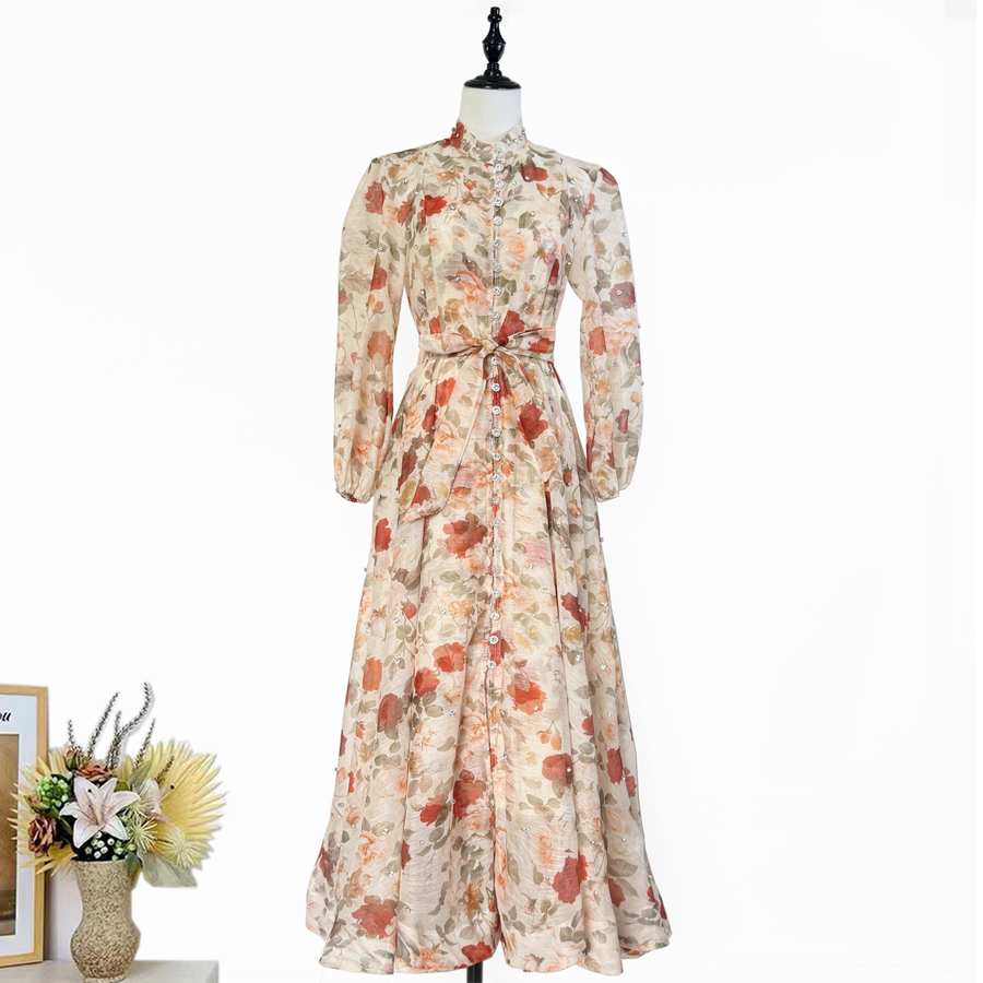 Real shot Australian retro printed light luxury heavy industry nail drill single breasted lantern sleeve long style large swing dress for women