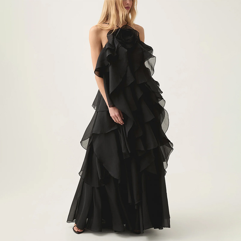 Temperament, socialite style, patchwork ruffle edge long skirt, 2025 summer new style, hanging neck and exposed back design, long dress for women