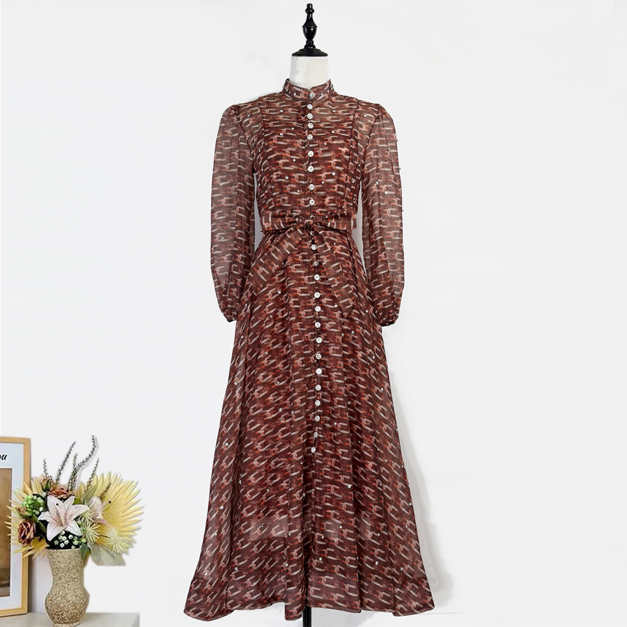 Realistic design with exquisite French style waist cinching and large swing dress, high-end luxury diamond cut small stand collar printed long skirt for women Realistic design with exquisite French style waist cinching and large swing dress, high-end luxury diamond cut small stand collar printed long skirt for women