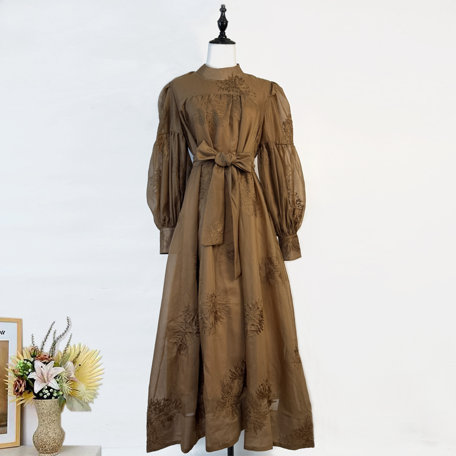 New French style design with stand up collar, lantern sleeves, embroidered loose ties, slimming effect, big swing dress, women's long skirt New French style design with stand up collar, lantern sleeves, embroidered loose ties, slimming effect, big swing dress, women's long skirt