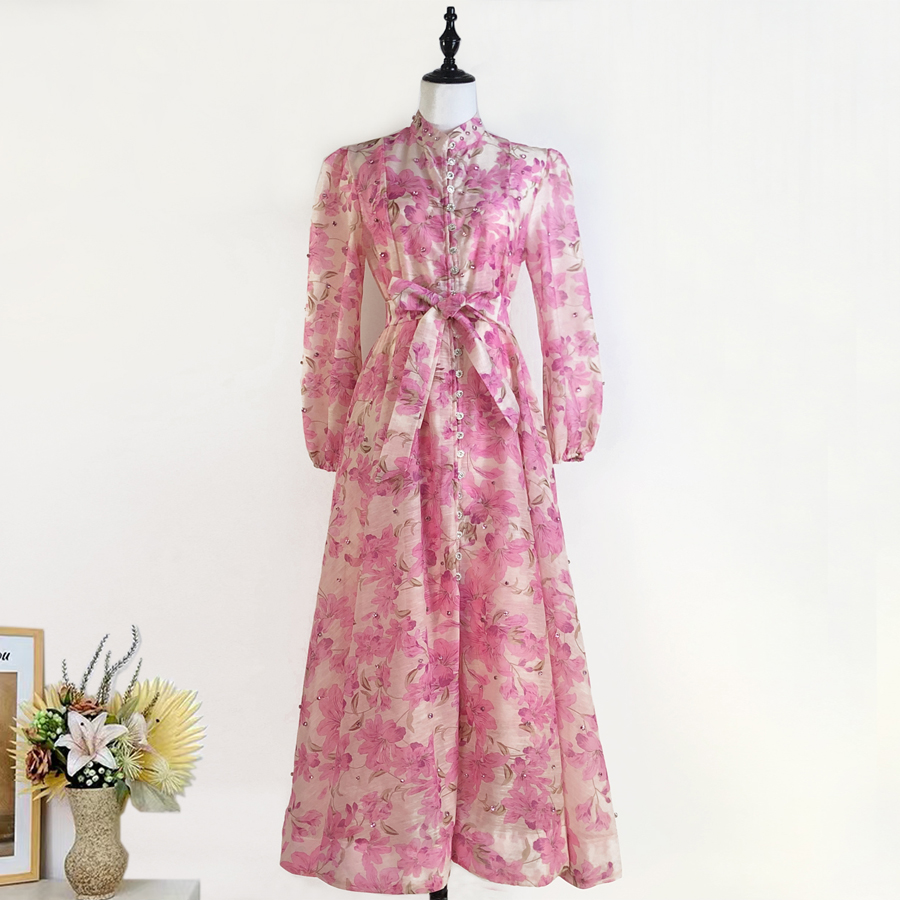 Realistic design with exquisite French style waist cinching and large swing dress, high-end luxury diamond cut small stand collar printed long skirt for women Realistic design with exquisite French style waist cinching and large swing dress, high-end luxury diamond cut small stand collar printed long skirt for women